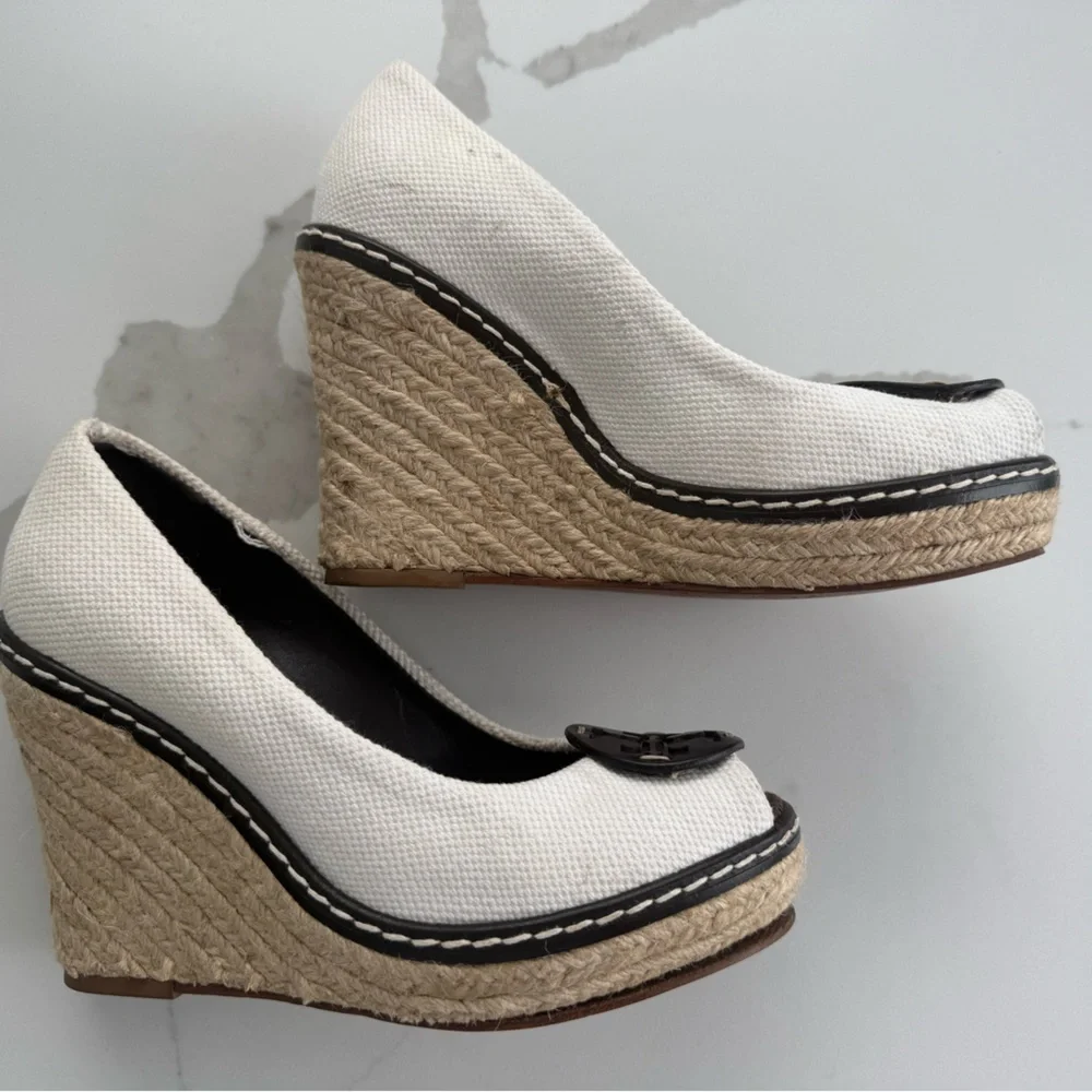 Tory Burch Peep-Toe Wedge Espadrilles-Size 6.5-White/Cream